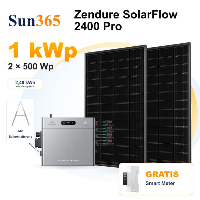 Zendure SolarFlow 2400 Pro mit 2 × 500 Wp Solarmodulen, Balkonhalterung, gratis Smart Meter