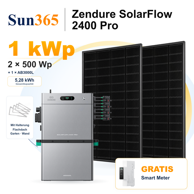 Zendure SolarFlow 2400 Pro mit 2 × 500 Wp Solarmodulen, 1 × AB3000L, Halterung für Flachdach, Garten oder Wand, gratis Smart Meter