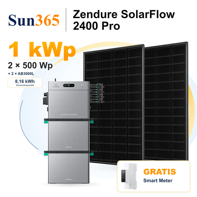 Zendure SolarFlow 2400 Pro mit 2 × 500 Wp Solarmodulen, 2 × AB3000L, gratis Smart Meter
