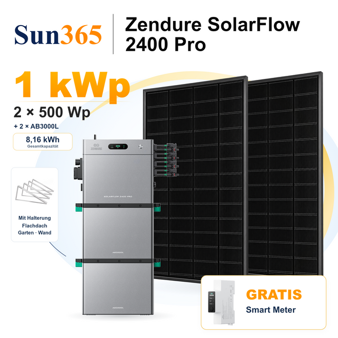 Zendure SolarFlow 2400 Pro mit 2 × 500 Wp Solarmodulen, 2 × AB3000L, Halterung für Flachdach, Garten oder Wand, gratis Smart Meter