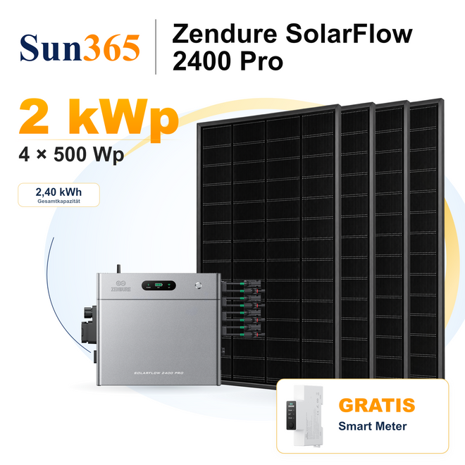 Zendure SolarFlow 2400 Pro mit 4 × 500 Wp Solarmodulen, gratis Smart Meter