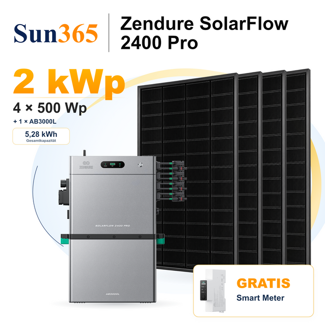 Zendure SolarFlow 2400 Pro mit 4 × 500 Wp Solarmodulen, 1 × AB3000L, gratis Smart Meter