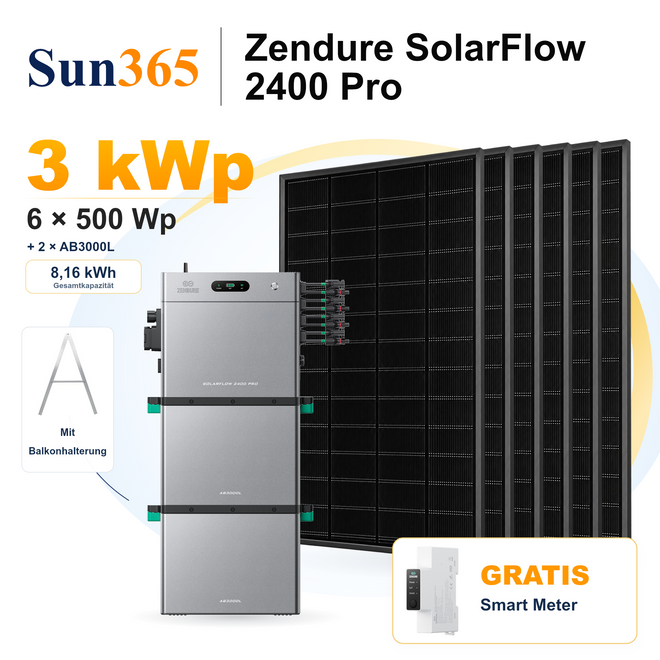 Zendure SolarFlow 2400 Pro mit 6 × 500 Wp Solarmodulen, 2 × AB3000L, Balkonhalterung, gratis Smart Meter