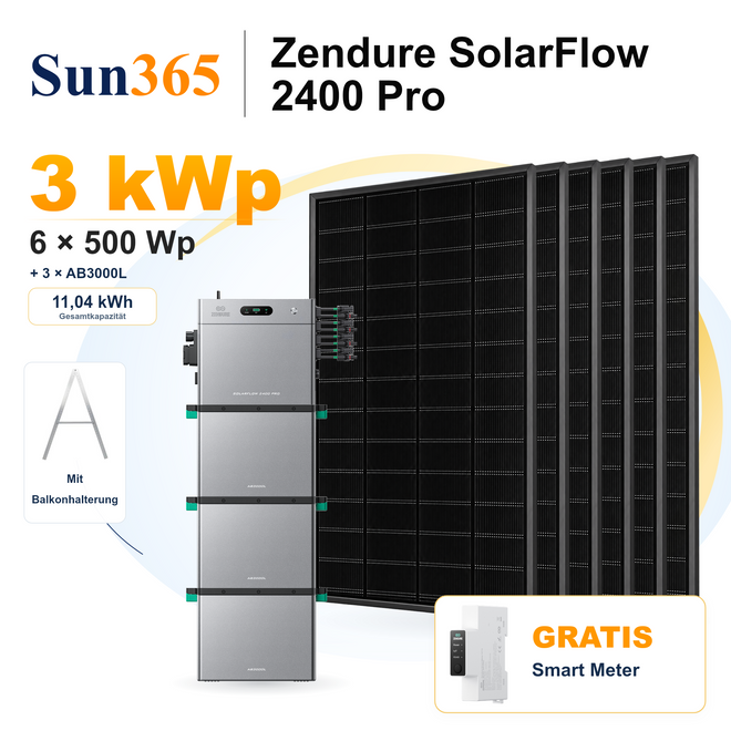 Zendure SolarFlow 2400 Pro mit 6 × 500 Wp Solarmodulen, 3 × AB3000L, Balkonhalterung, gratis Smart Meter