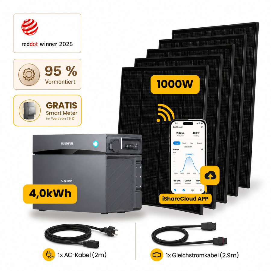 Sunshare Balkonkraftwerk 1000 Wp mit 4,0 kWh Speicher – Glory