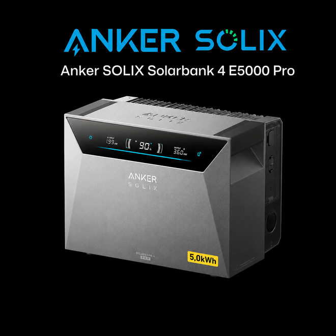 Anker SOLIX Solarbank 4 E5000 Pro – 5 kWh Heimspeicher | 2.500 W | 0% MwSt. gemäß § 12 Abs. 3 UStG