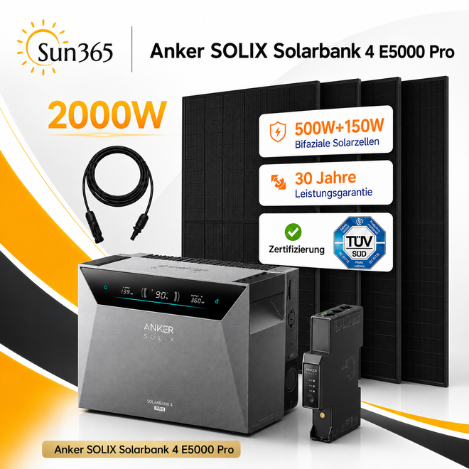 Anker SOLIX Solarbank 4 E5000 Pro Bundle mit 4× 500W Bifazial-Solarmodulen