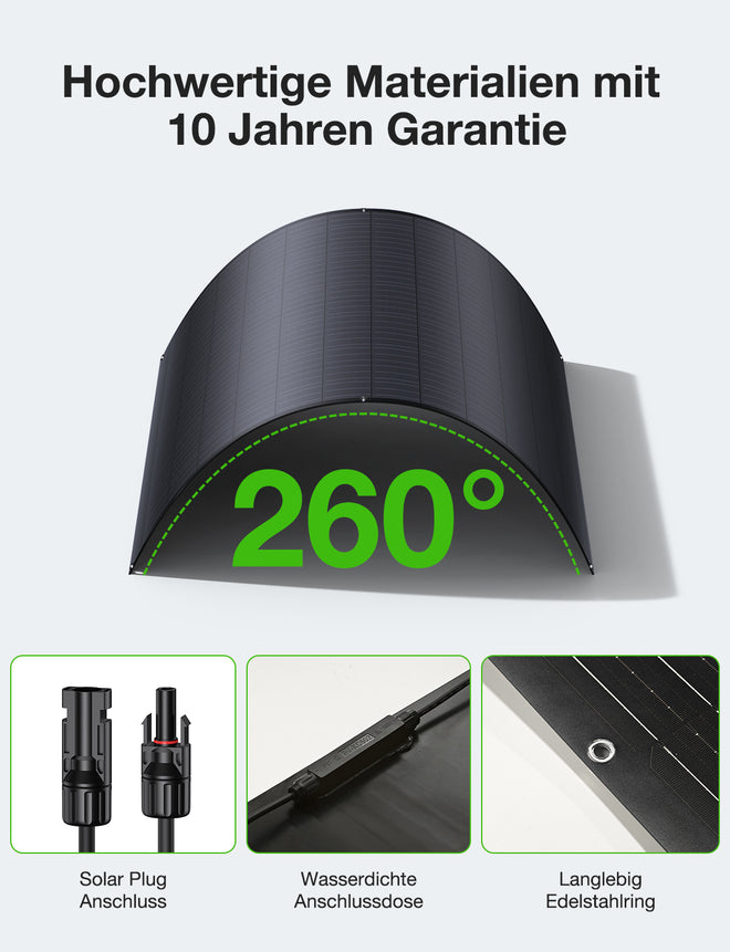 LIONSHEE Solarmodul – 260 Grad biegbar, 10 Jahre Garantie, MC4-Stecker, wasserdichte Anschlussdose