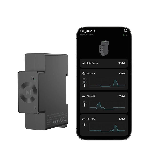 MARSTEK CT002 mit Smartphone-App – Echtzeit-Stromüberwachung je Phase