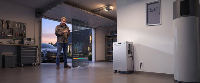 Zendure SolarFlow 4000 Mix AC+ – Hero: Mann in Garage mit App-Steuerung