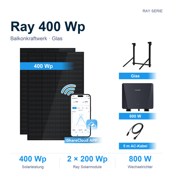 Sunshare Ray 400 Wp Balkonkraftwerk mit 2 Solarmodulen, 800 W Mikrowechselrichter, 5 m Kabel und Glashalterungen