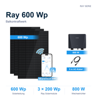 Sunshare Ray 600 Wp Balkonkraftwerk – 3 × 200 Wp Solarmodule, 800 W Mikrowechselrichter und 5 m AC-Kabel, ohne Halterung