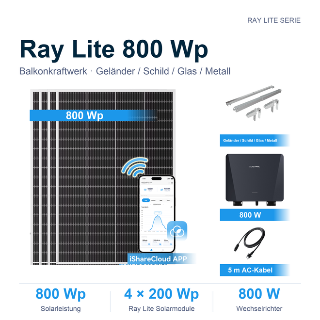 Sunshare RayLite 800 Wp Balkonkraftwerk mit 4 Solarmodulen, 800 W Mikrowechselrichter, 5 m Kabel und Balkonhalterungen