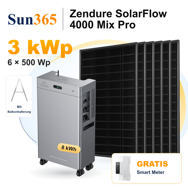 Sun365 3 kWp PV-Set mit Balkonhalterung: 6 × 500 Wp, 1 × SolarFlow 4000 Mix Pro mit 8 kWh und gratis Smart Meter.