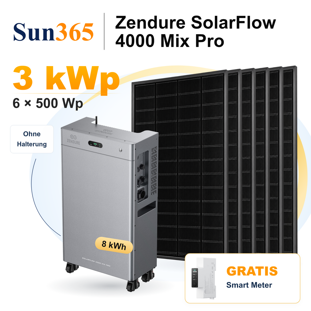 Sun365 3 kWp PV-Set ohne Halterung: 6 × 500 Wp, 1 × SolarFlow 4000 Mix Pro mit 8 kWh und gratis Smart Meter.