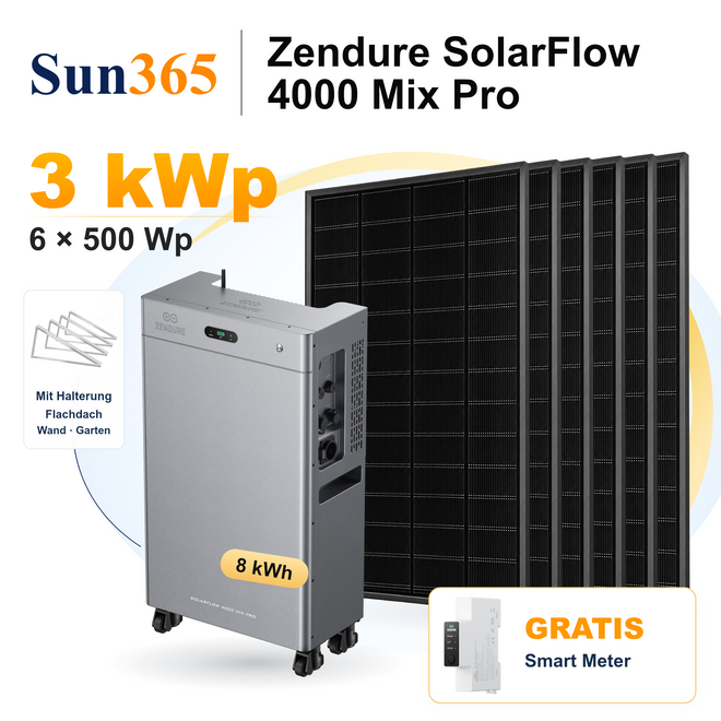 Sun365 3 kWp PV-Set mit Halterung für Flachdach, Wand und Garten: 6 × 500 Wp, 1 × SolarFlow 4000 Mix Pro mit 8 kWh und gratis Smart Meter.