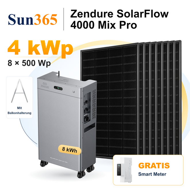 Sun365 4 kWp PV-Set mit Balkonhalterung: 8 × 500 Wp, 1 × SolarFlow 4000 Mix Pro mit 8 kWh und gratis Smart Meter.