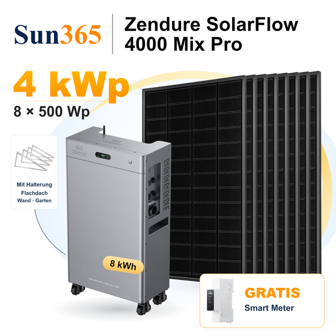 Sun365 4 kWp PV-Set mit Halterung für Flachdach, Wand und Garten: 8 × 500 Wp, 1 × SolarFlow 4000 Mix Pro mit 8 kWh und gratis Smart Meter.