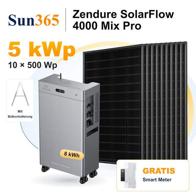 Sun365 5 kWp PV-Set mit Balkonhalterung: 10 × 500 Wp, 1 × SolarFlow 4000 Mix Pro mit 8 kWh und gratis Smart Meter.