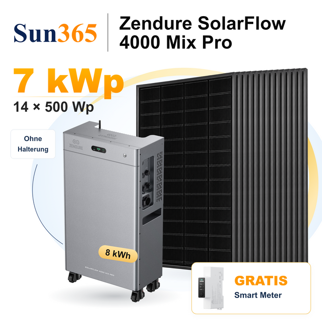 Sun365 7 kWp PV-Set ohne Halterung: 14 × 500 Wp, 1 × SolarFlow 4000 Mix Pro mit 8 kWh und gratis Smart Meter.