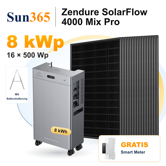 Sun365 8 kWp PV-Set mit Balkonhalterung: 16 × 500 Wp, 1 × SolarFlow 4000 Mix Pro mit 8 kWh und gratis Smart Meter.