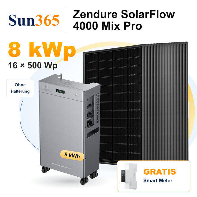 Sun365 8 kWp PV-Set ohne Halterung: 16 × 500 Wp, 1 × SolarFlow 4000 Mix Pro mit 8 kWh und gratis Smart Meter.
