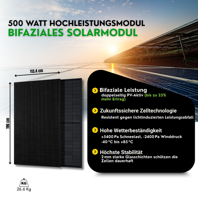 Sunpro 500W Bifazial Solarmodul – bifaziale Doppelglas Erklärung