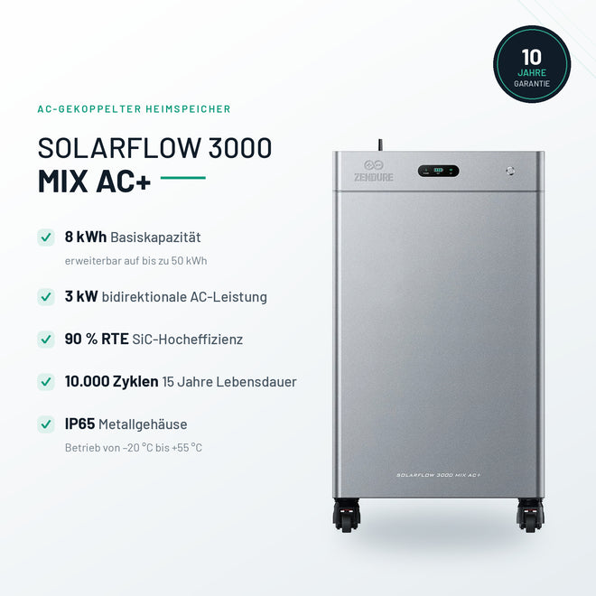 Zendure SolarFlow 3000 Mix AC+ Heimspeicher – 8 kWh, 3.000 W AC, AC-Koppelung – 0% MwSt. gemäß § 12 Abs. 3 UStG