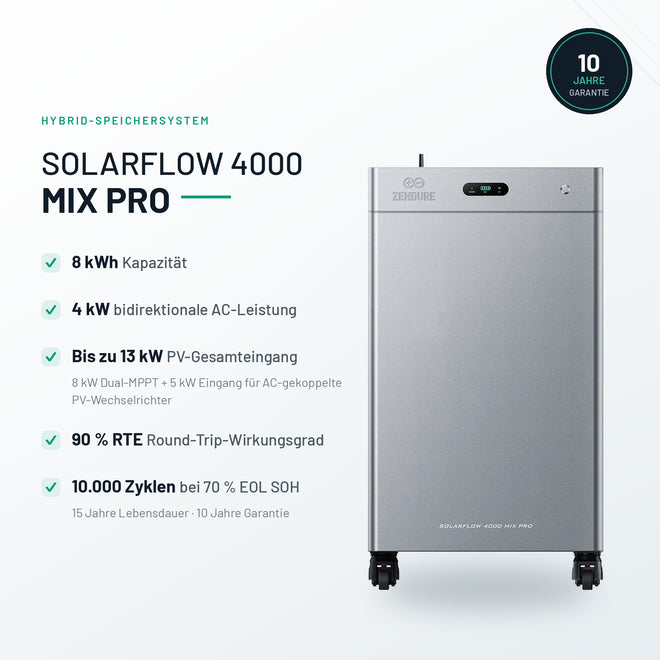 Zendure SolarFlow 4000 Mix Pro Heimspeicher – 8 kWh, 4.000 W AC, 13 kW Solar, 10 Jahre Garantie – 0% MwSt. gemäß § 12 Abs. 3 UStG